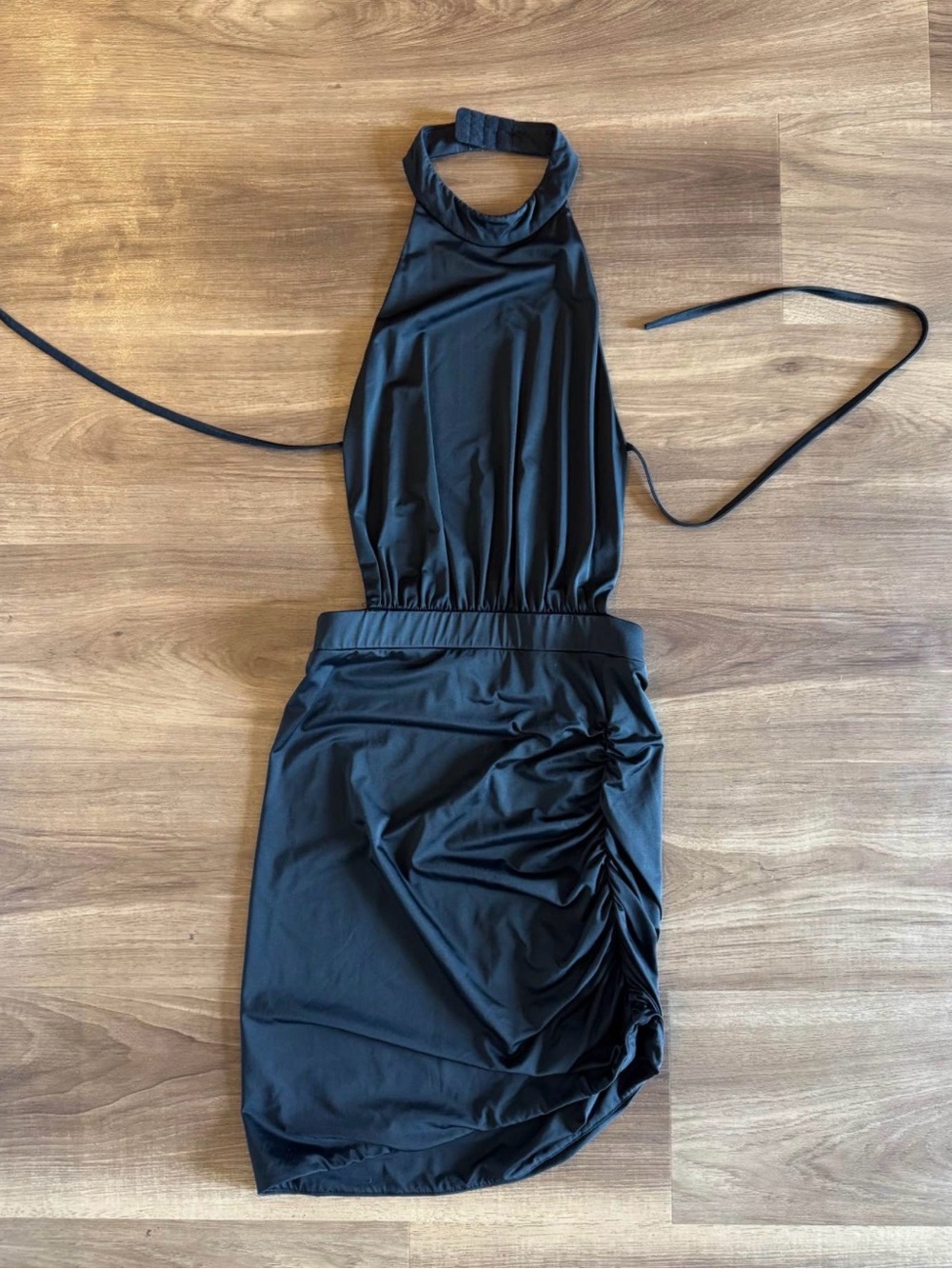 Black Halter Backless Ruched Mini Dress